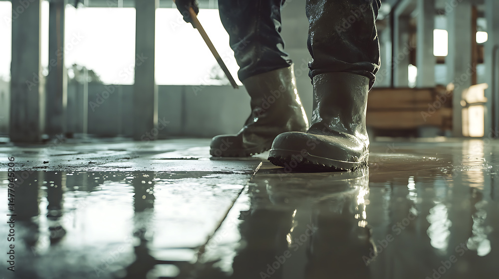Person in Rubber Boots Walking on Wet Floor Person in Rubber Boots Walking on Wet Floor