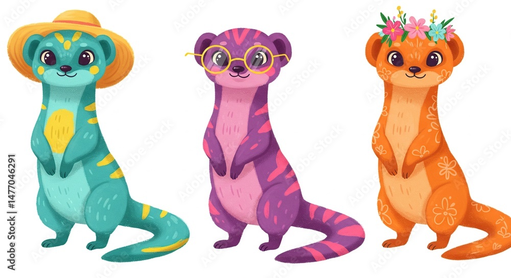 Naklejka premium Adorable Meerkat Trio Cartoon Illustration Summer Fashion