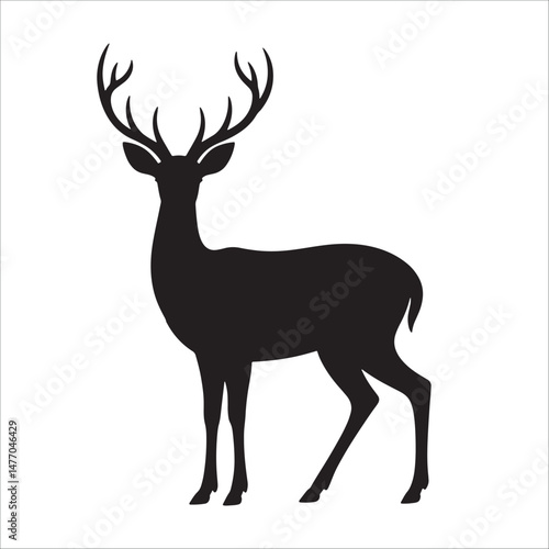 Silhouette of deer with antlers isolated on white background, wildlife animal vector illustration.