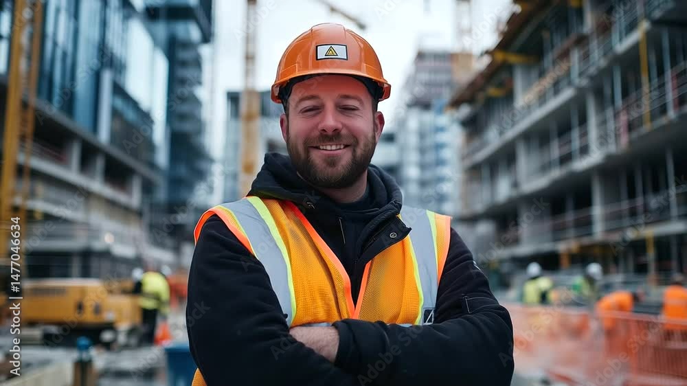 Confident construction worker with a broad smile, wearing a safety helmet and high-visibility vest, standing with crossed arms on a bustling construction site, surrounded by cranes Confident construction worker with a broad smile, wearing a safety helmet and high-visibility vest, standing with crossed arms on a bustling construction site, surrounded by cranes