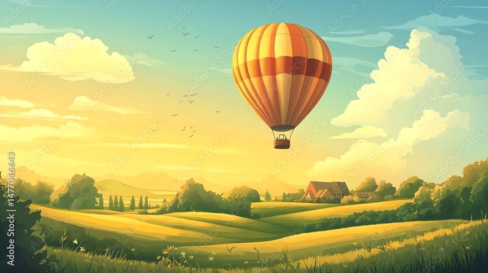 Obraz premium A vibrant hot air balloon, rendered in vector illustration, ascends gracefully above a scenic landscape.