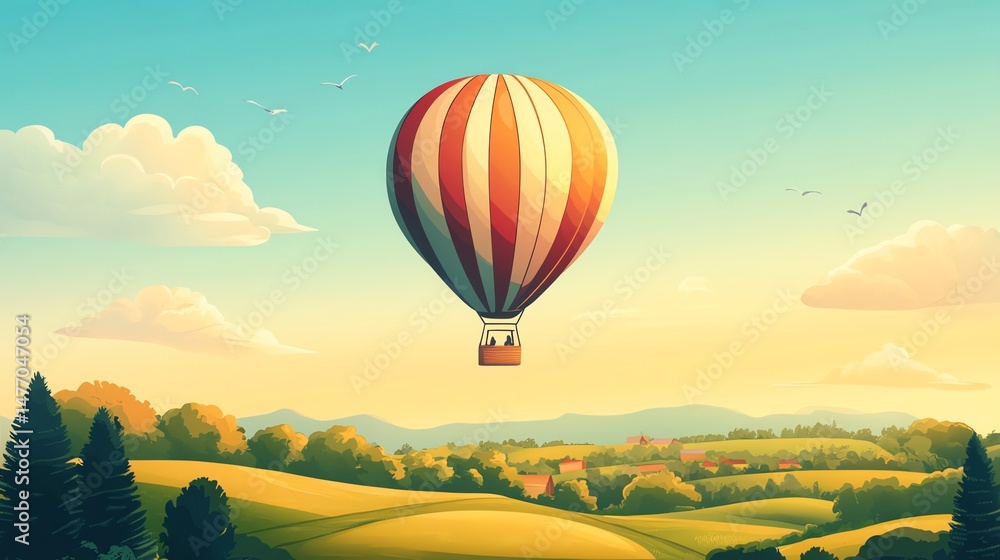 Fototapeta premium A vibrantly colored hot air balloon drifts serenely across a bright blue sky, dotted with fluffy white clouds.