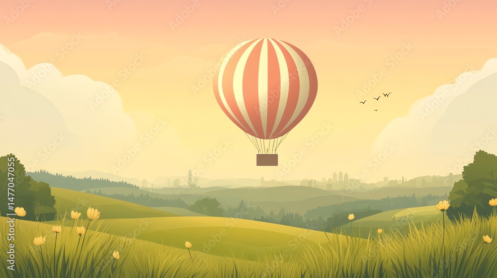 Obraz premium A vibrant hot air balloon, rendered in a vector illustration, gracefully ascends above a tranquil, open landscape.