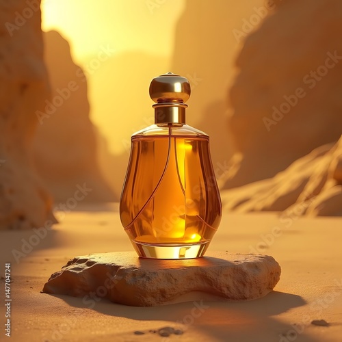 Gilded Radiance: Luxurious Golden Elixir Bottle in Desert Oasis