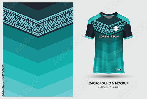 Jersey mockup and background pattern design. Uniform front view jersey and sublimation templates for sports, soccer, football, volleyball, badminton, e-sports, casual