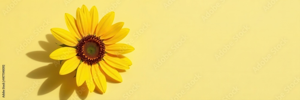 Naklejka premium Aerial perspective, single sunflower with defined shadow; vivid yellow petals , vibrant, petals