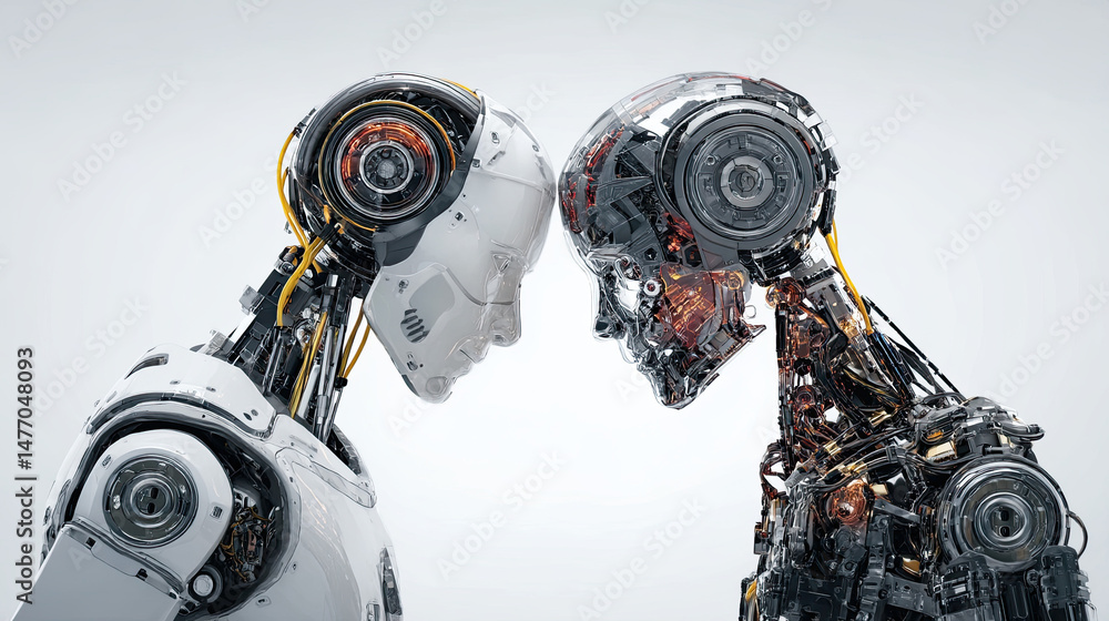 Fototapeta premium Two humanoid robots facing each other with heads touching, showing contrast of white and exposed design