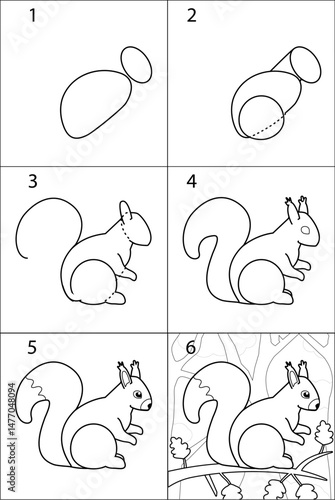 Step-by-step instructions for a child on how to draw a squirrel. Vector picture with cartoon character, tutorial for beginners, drawing stages, line art.
