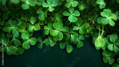 Four-leaf clovers border lush dark green background, symbolizing good luck and St. Patrick's Day, for festive design projects.