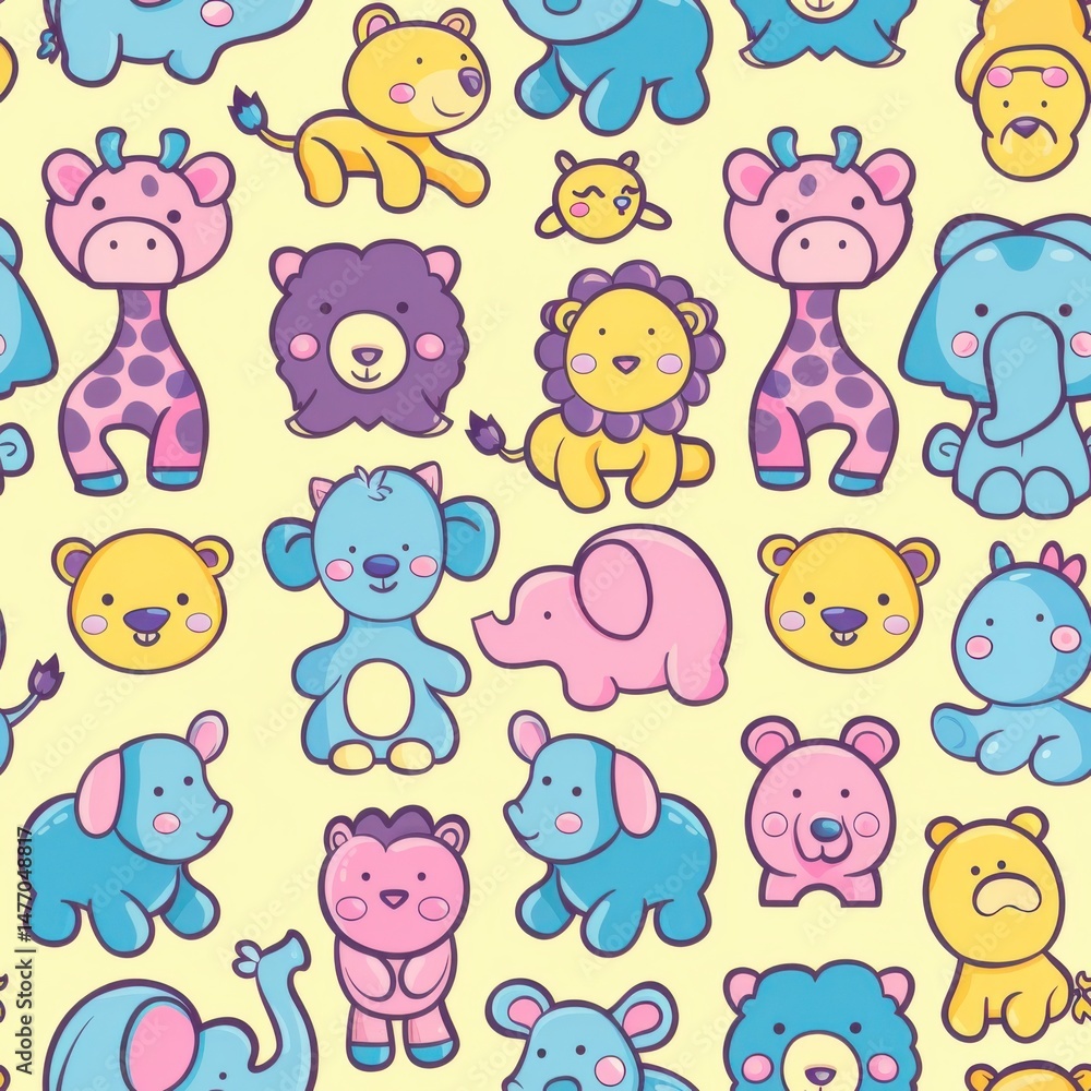 Fototapeta premium seamless pattern of cartoon African animals, including lion, giraffe, elephant, zebra, and hippo, pastel color palette