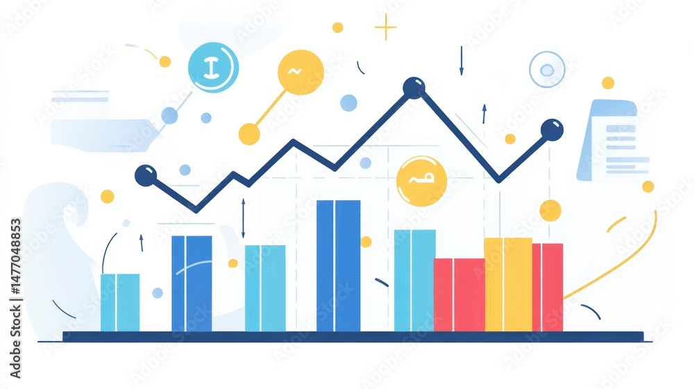 Fototapeta premium Upward trending graph with bar charts and data points illustrating business growth and financial success.