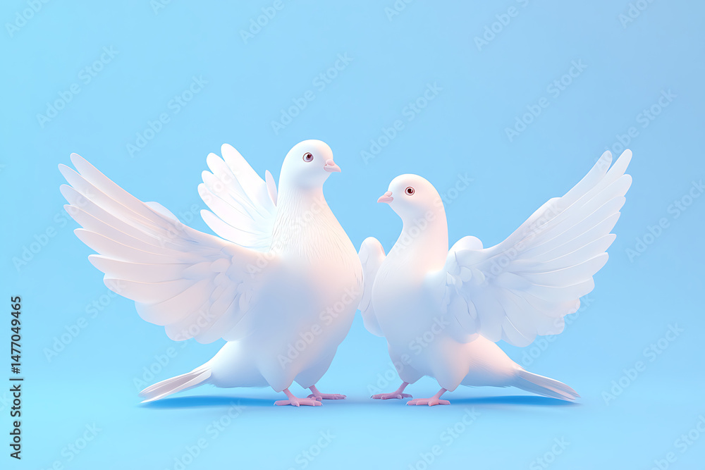 Fototapeta premium Two elegant white pigeons with outstretched wings on a soft blue background, symbolizing peace