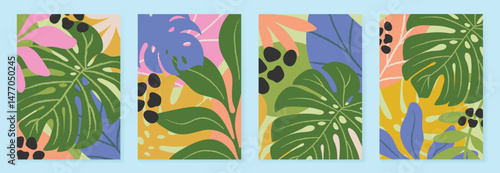 Foliage and Plant playful creative poster background vector. Modern wallpaper with monstera, tropical leaf. Design for home deco, wall art, packaging plant-based drinks.