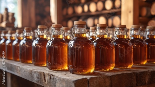 Maple syrup bottles lined up on rustic wooden table