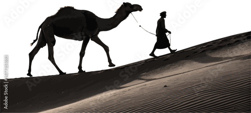 Camel and Handler Silhouette on Sand Dunes