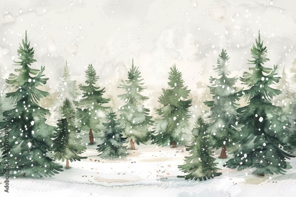 Obraz premium Serene watercolor painting of a snowy forest with pine trees covered in snow, creating a peaceful winter wonderland scene