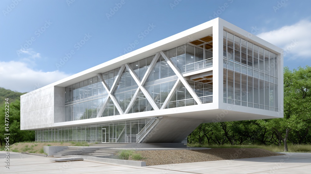 Fantasy-inspired conference center with twisting concrete fins and integrated steel spine, showcasing external brace frames and glass floor plates illustrating structural load transfer Fantasy-inspired conference center with twisting concrete fins and integrated steel spine, showcasing external brace frames and glass floor plates illustrating structural load transfer