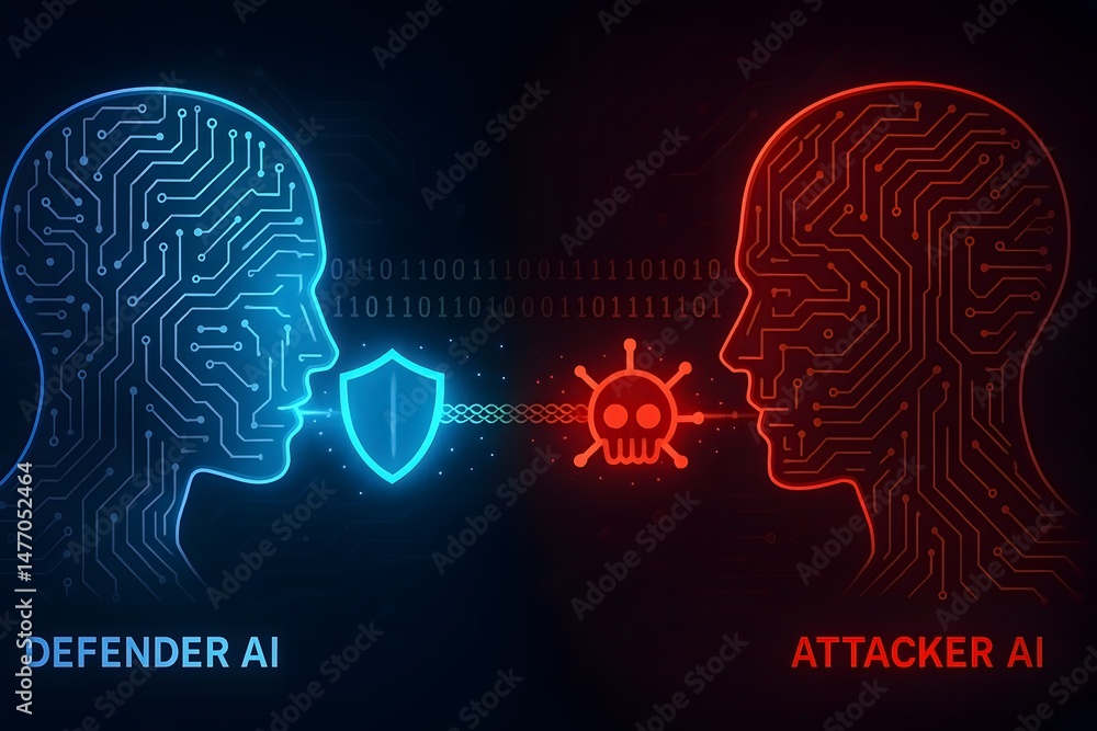 Obraz premium Artificial intelligence cyber defense against a digital attack depicting defender and attacker ai with shield and malware symbol