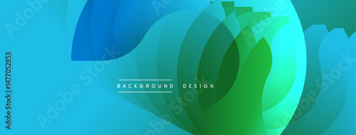 Abstract flowing layers, vibrant blues transition into greens. Modern design suggests movement, energy, fluid shapes. Background features text.