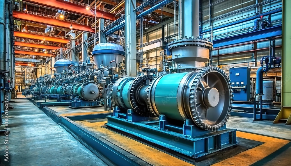A large-scale industrial machine in an industrial workshop with mechanical parts and pipelines. A large-scale industrial machine in an industrial workshop with mechanical parts and pipelines.