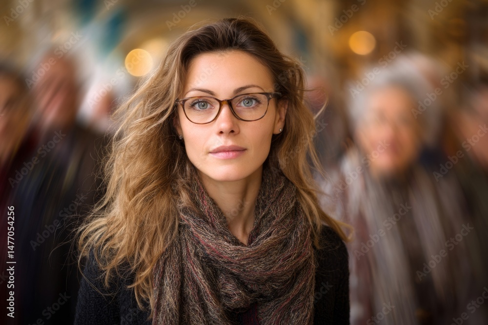Woman with Glasses in a Crowded Indoor Setting Woman with Glasses in a Crowded Indoor Setting