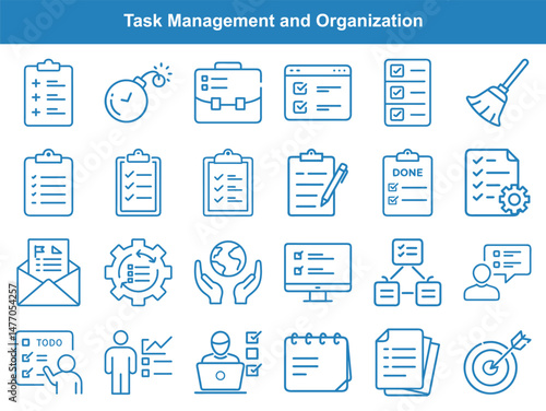 Task Management and Workflow Organization Outline Icons Illustrating Productivity, Deadlines, and Goal Setting