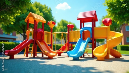 Brightly colored playground equipment on a sunny day , active, kids