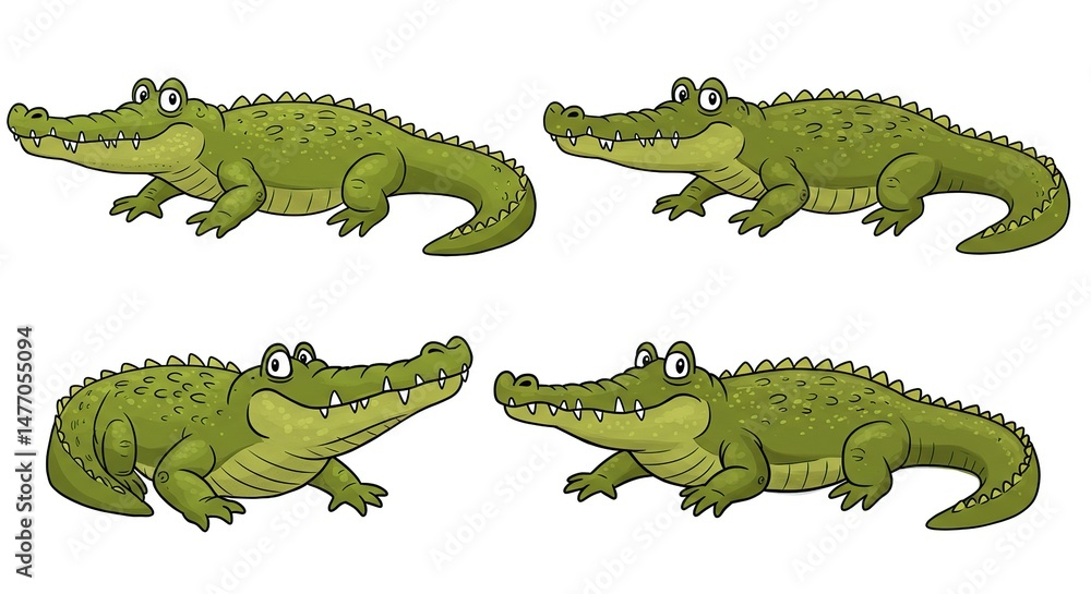 Fototapeta premium Four Cartoon Crocodiles Poses Set Wildlife Illustration