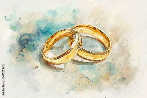 Two golden wedding rings symbolize commitment and love in this artistic watercolor painting