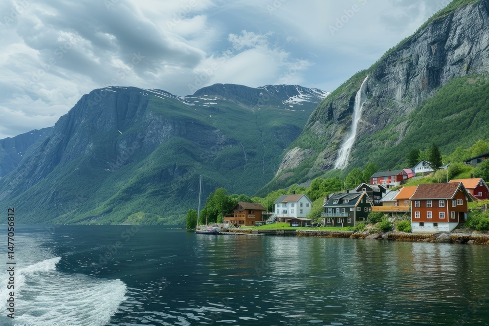 Fototapeta premium Houses of undredal village reflecting in the aurlandsfjord with a waterfall cascading down the mountainside