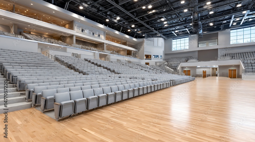 Naklejka premium Ultra-modern sports arena with retractable seating trusses and post-tensioned roof beams, emphasizing visible hydraulic actuators and steel bracing to manage massive dynamic loads