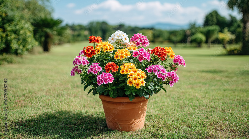Obraz premium Colorful blooming flowers in terracotta pot placed on green lawn with trees and mountains in background