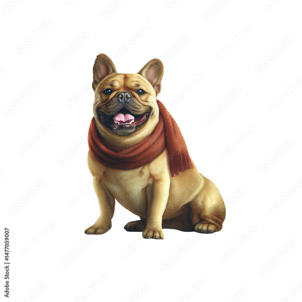 Obraz premium Charming French Bulldog wearing a cozy scarf, showcasing a friendly expression and playful demeanor, sitting on a white isolated background, perfect for pet-themed projects.