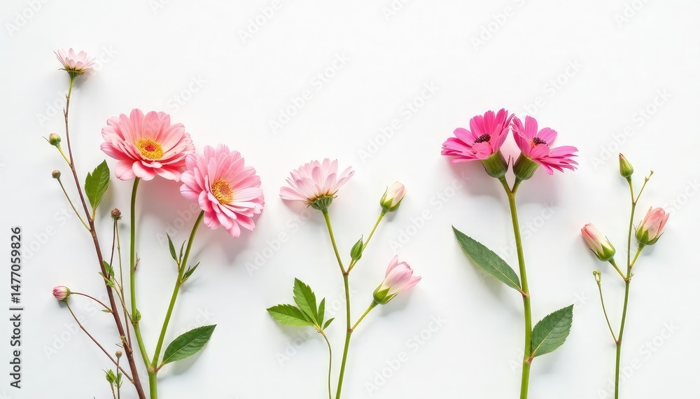 Fototapeta premium Delicate, minimalist floral sprigs on white background, light, white