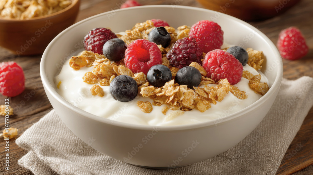 A bowl of yogurt topped with granola, raspberries, and blueberries on a wooden table. A bowl of yogurt topped with granola, raspberries, and blueberries on a wooden table.