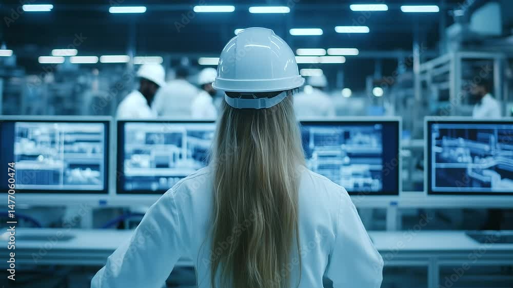 Back view of a female factory worker wearing a safety hard hat, standing in front of multiple screens, analyzing data and monitoring an automated production line in a high-tech fac Back view of a female factory worker wearing a safety hard hat, standing in front of multiple screens, analyzing data and monitoring an automated production line in a high-tech fac