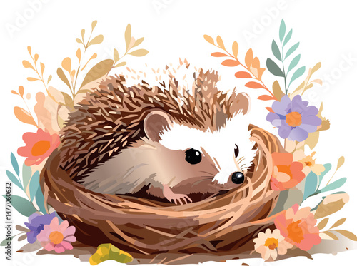 Adorable baby hedgehog resting inside a delicate nest of pastel flowers, drawn in a soft hand-drawn minimal style. Perfect for nursery prints and gentle decor.