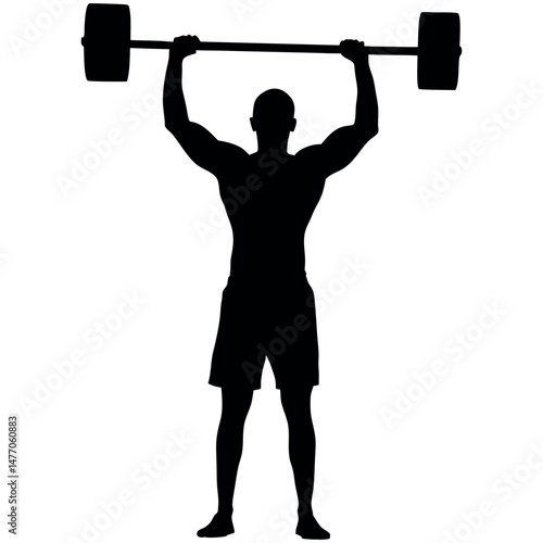 Silhouette of male weightlifter lifting barbell overhead in athletic pose