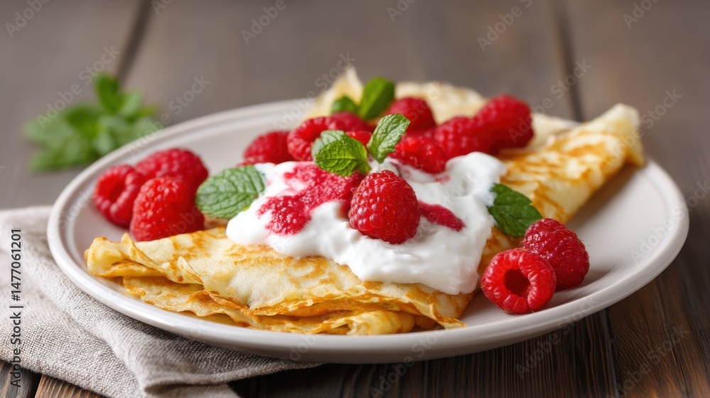 Delicious crepes topped with whipped cream, fresh raspberries, and mint leaves served on a white plate. Delicious crepes topped with whipped cream, fresh raspberries, and mint leaves served on a white plate.