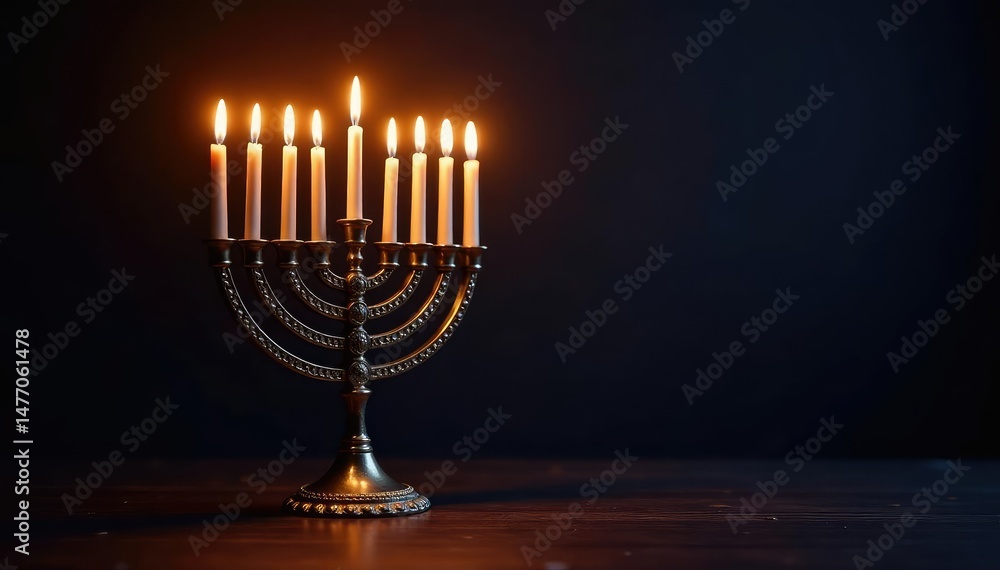 A traditional menorah lit for Hanukkah, glowing brightly against a dark background , december holiday, miracle A traditional menorah lit for Hanukkah, glowing brightly against a dark background , december holiday, miracle