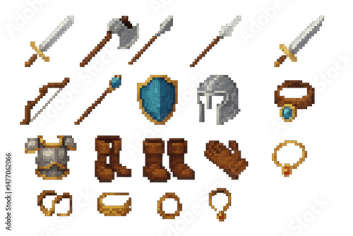 Fantasy Weaponry and Armor Collection in Pixel Art Style