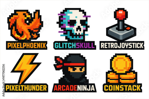 Pixel Art Retro Gaming Icons Featuring Unique Characters and Symbols