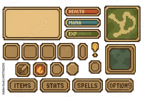 Vintage Pixel Game Interface with Health, Mana, and Options Menu