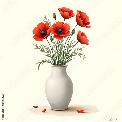 Summer Serenity: Vibrant Red Poppies in a Porcelain Vase