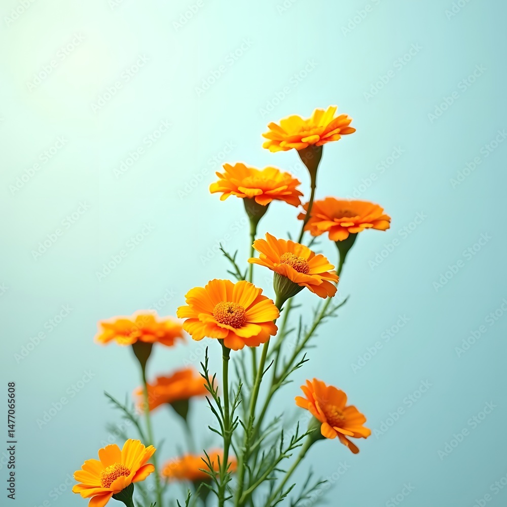 Fototapeta premium Marigold Bliss: Radiant Flowers on a Serene Blue Canvas
