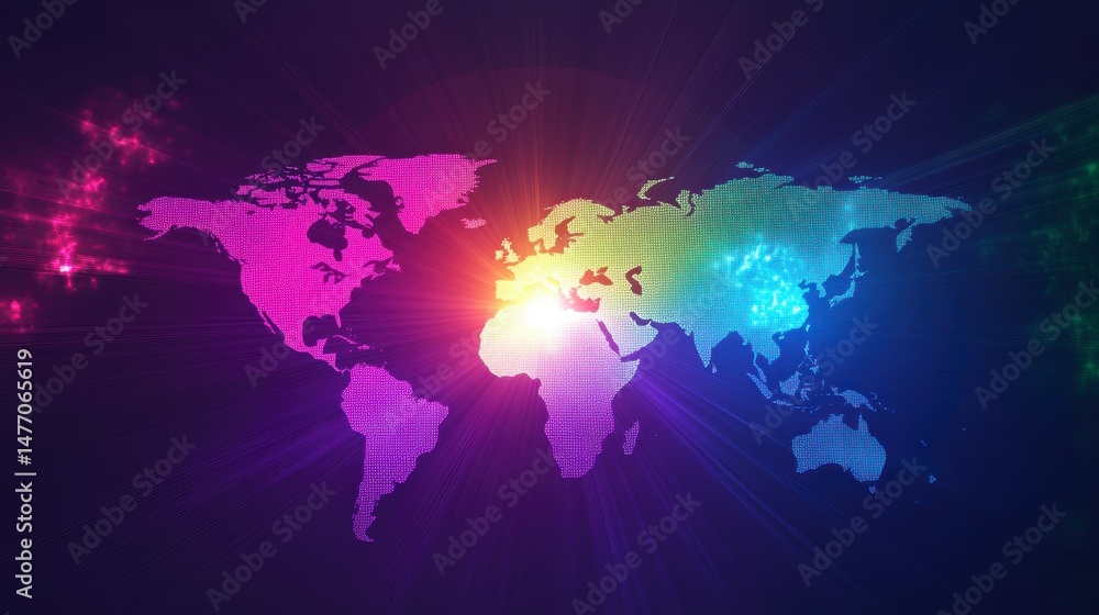 Obraz premium Colorful world map with glowing rays, illustrating global connection and network.