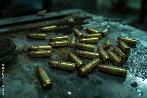 Wallpaper Mural Ammunition Scattered on Dark Surface Close Up Still Life Photography Gun Violence Concept Bullets Brass Metal Torontodigital.ca