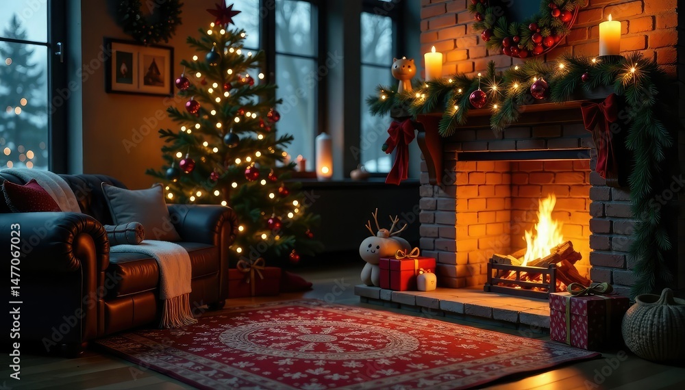 Cozy winter holiday scene with fireplace, ornaments, and evergreen branches , festive season, merry christmas Cozy winter holiday scene with fireplace, ornaments, and evergreen branches , festive season, merry christmas
