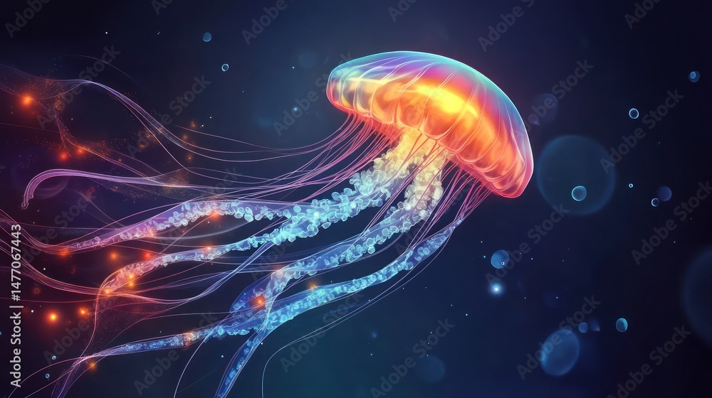 Fototapeta premium Glowing jellyfish in the deep sea