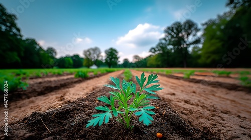 A close-up view of a young plant growing in a freshly tilled field, surrounded by lush greenery and a clear blue sky, embodying the beauty and vitality of nature.